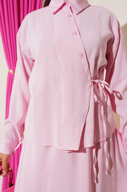 Gömlek Yaka Yandan Bağlamalı Etekli İkili Takım Pembe