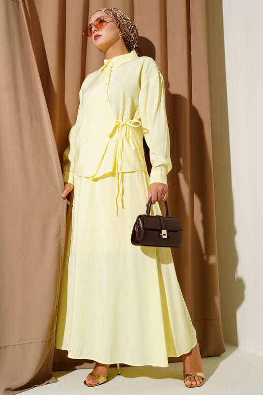 Shirt Collar Side Tie Skirt Two-Piece Set Yellow