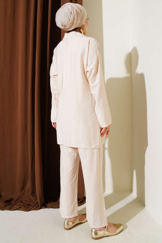 Shirt Collar Side Tie Two Piece Suit Beige