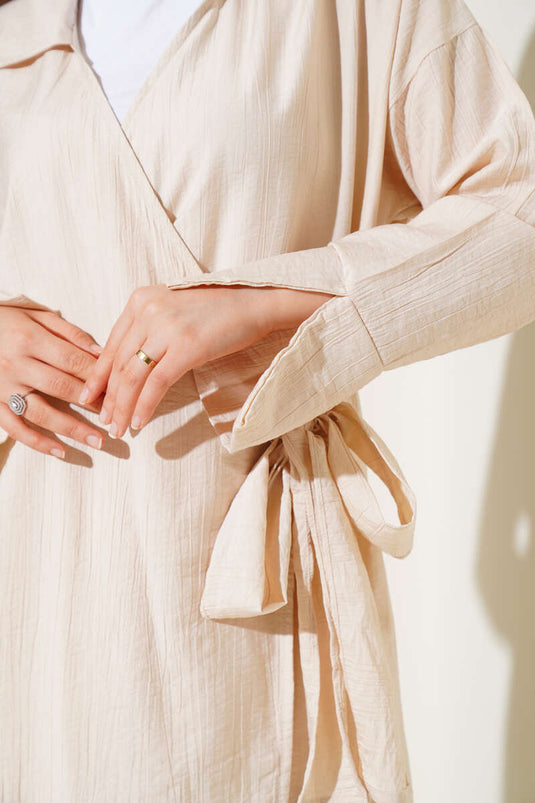 Shirt Collar Side Tie Two Piece Suit Beige