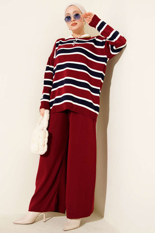 Ensemble deux pièces en maille rayée horizontale à col chemise, bordeaux