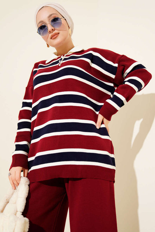 Shirt Collar Horizontal Striped Knit Two-Piece Set, Burgundy