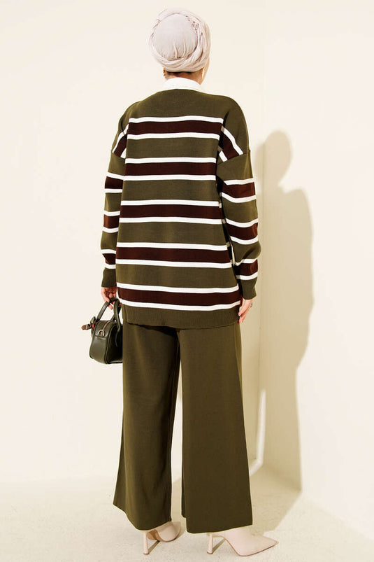 Shirt Collar Horizontal Striped Knit Two-Piece Set Khaki