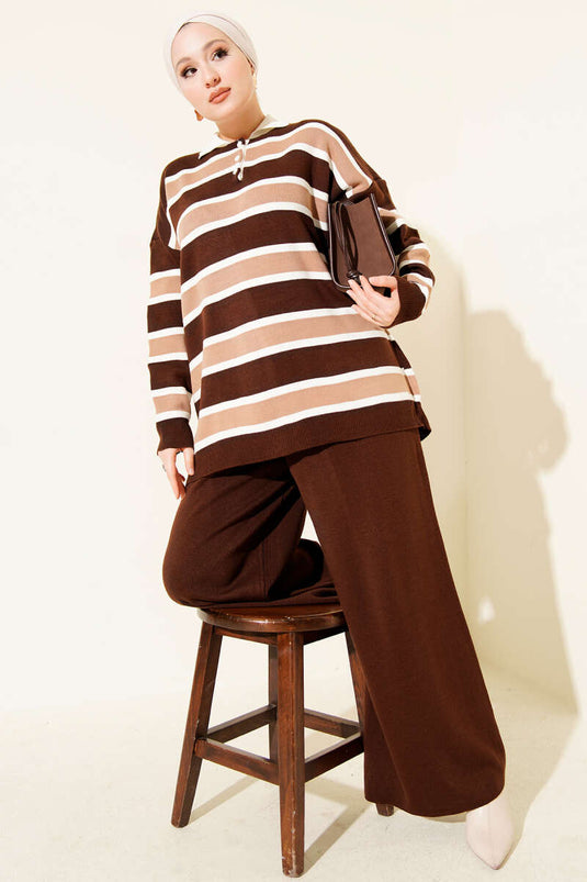 Ensemble deux pièces en maille rayée horizontale à col chemise, couleur café