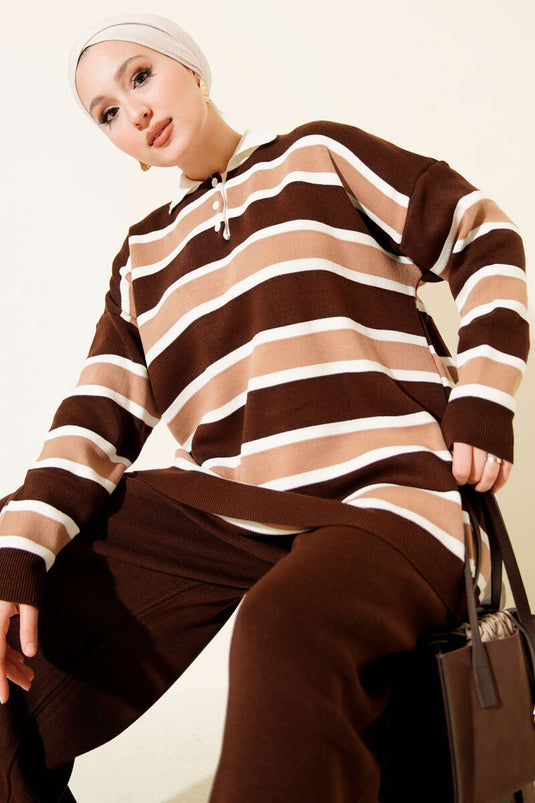 Shirt Collar Horizontal Striped Knit Two-Piece Set, Coffee