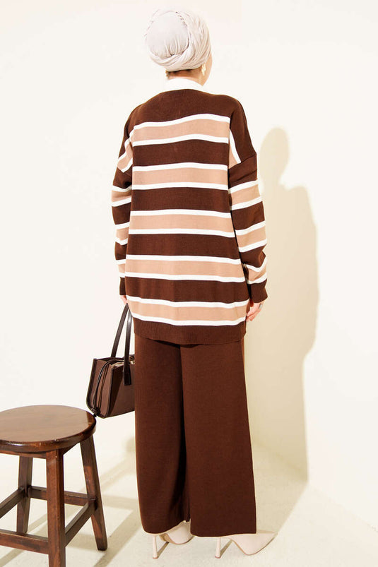 Shirt Collar Horizontal Striped Knit Two-Piece Set, Coffee