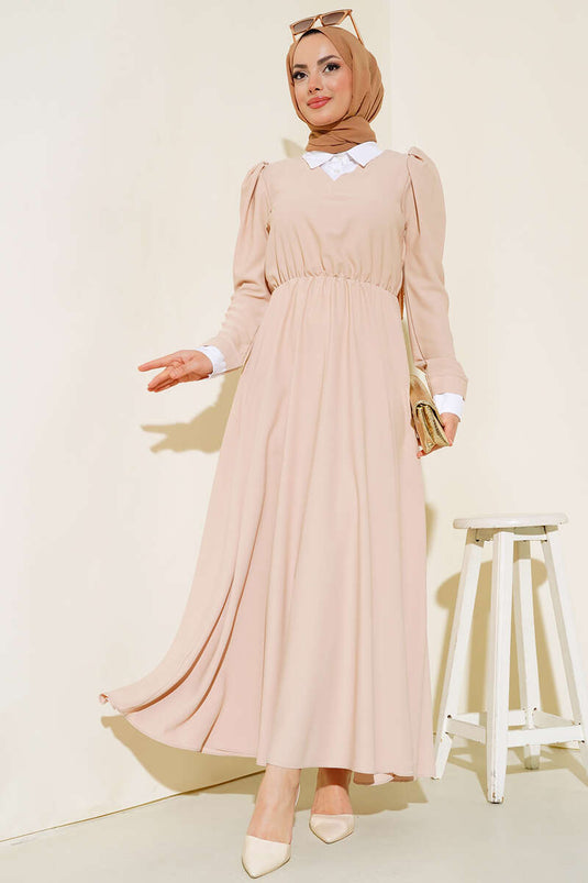 Gömlek Yakalı Elbise Bej