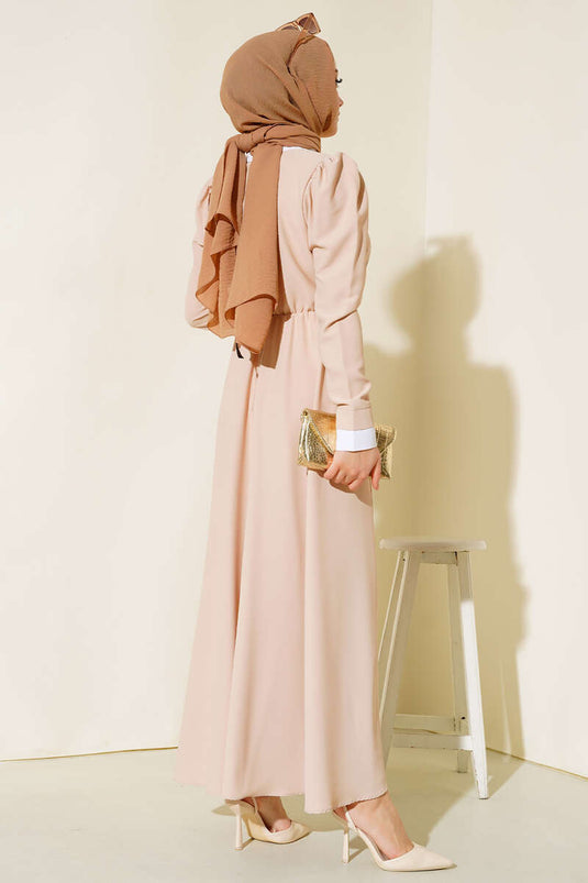 Gömlek Yakalı Elbise Bej