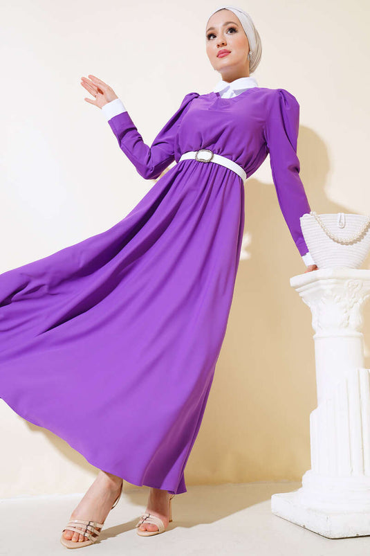 فستان بياقة القميص باللون الأرجواني