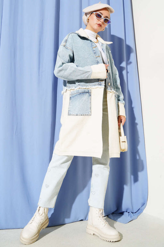 Veste longue en jean à col chemise bleu clair