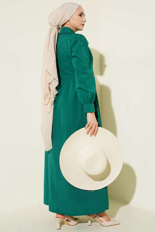 Gömlek Yakalı Yan Bağlamalı Elbise Zümrüt