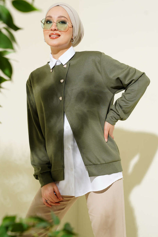 Two-Piece Set with Shirt and Buttoned Cardigan in Khaki