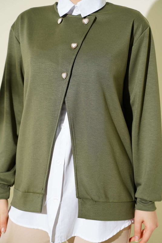 Two-Piece Set with Shirt and Buttoned Cardigan in Khaki