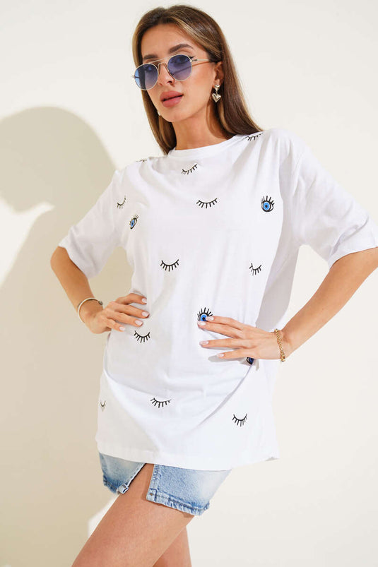 Göz Baskılı T-shirt Ekru