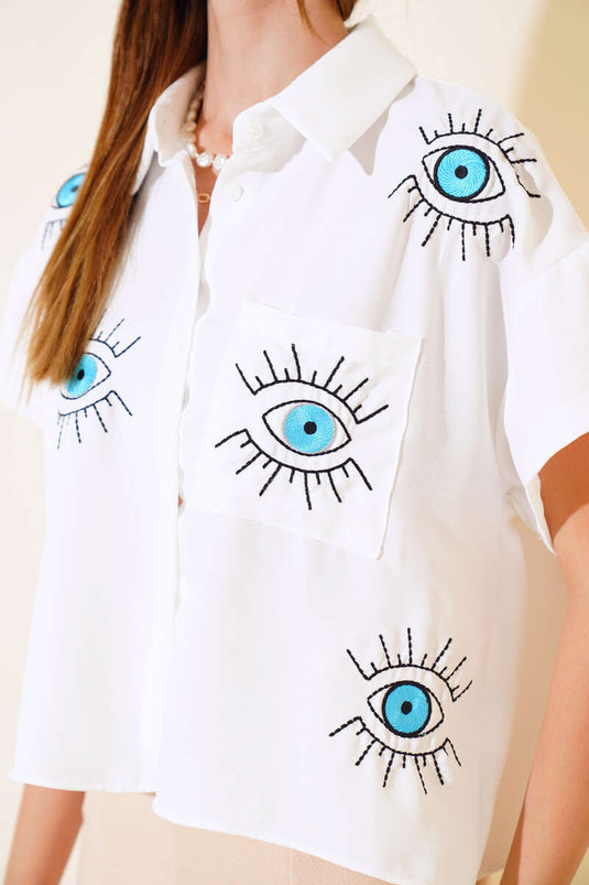 Eye Embroidered Pocket Shirt in Ecru
