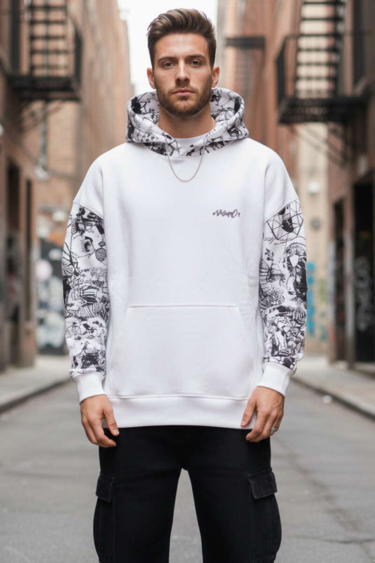 Hooded Men's Sweatshirt with Graffiti Print Ecru