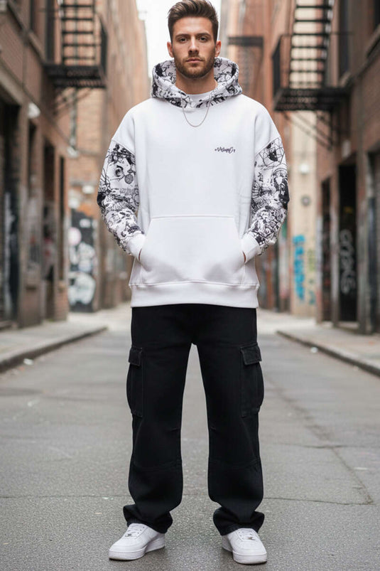 Hooded Men's Sweatshirt with Graffiti Print Ecru