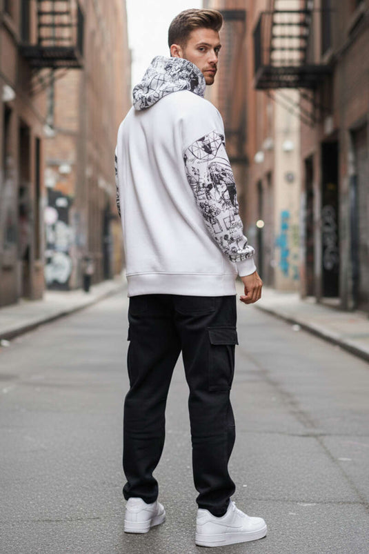 Hooded Men's Sweatshirt with Graffiti Print Ecru