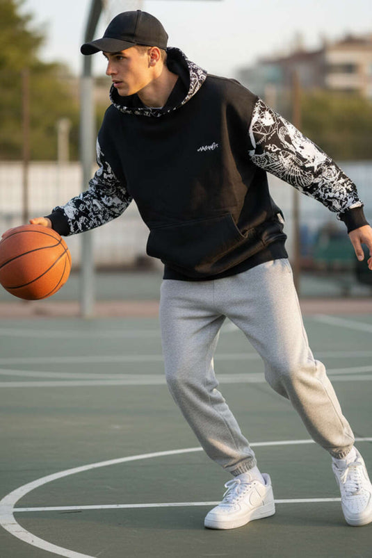 Grafitti Bedrucktes Kapuzen-Herren-Sweatshirt Schwarz