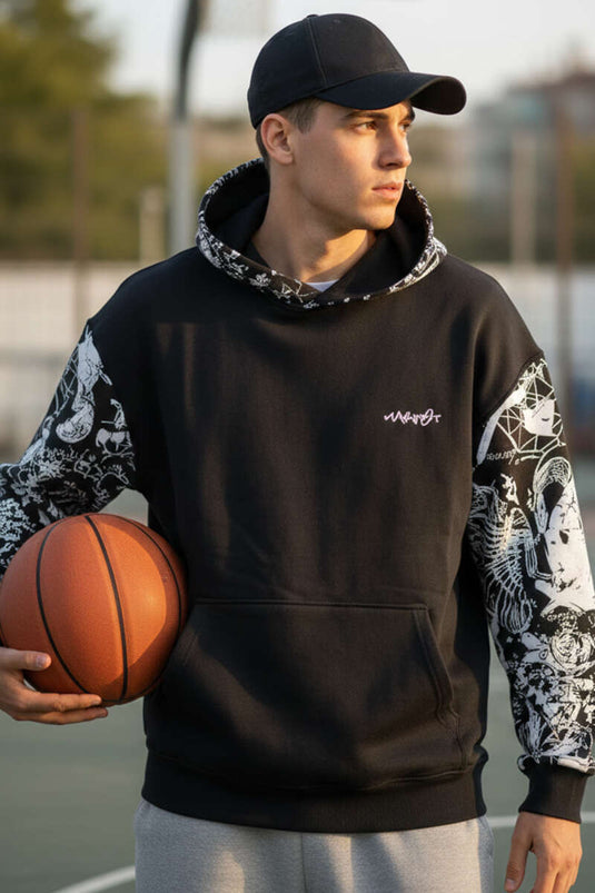 Grafitti Bedrucktes Kapuzen-Herren-Sweatshirt Schwarz