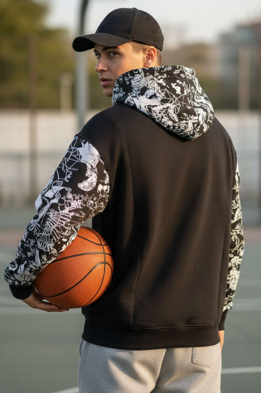 Grafitti Bedrucktes Kapuzen-Herren-Sweatshirt Schwarz