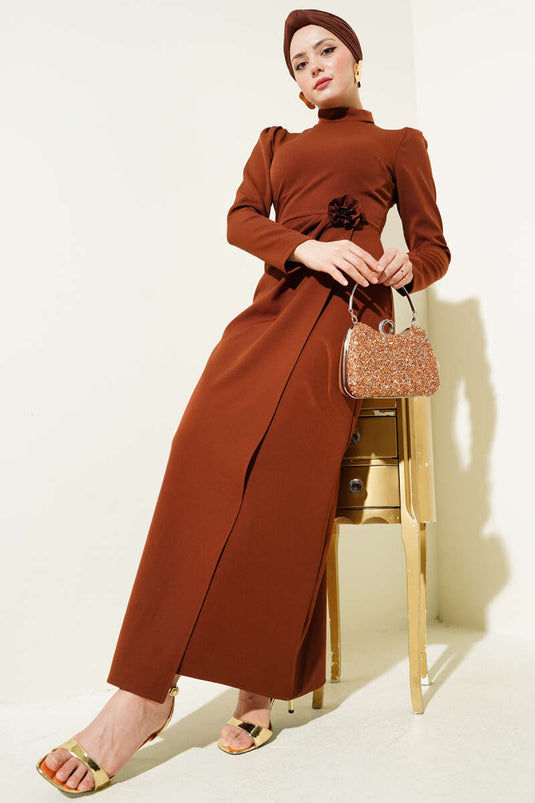 Pleated Waist Dress with Rose Accessory, Brown