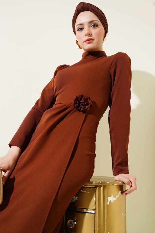 Pleated Waist Dress with Rose Accessory, Brown