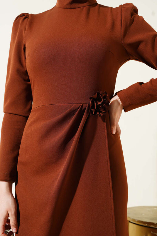 Pleated Waist Dress with Rose Accessory, Brown