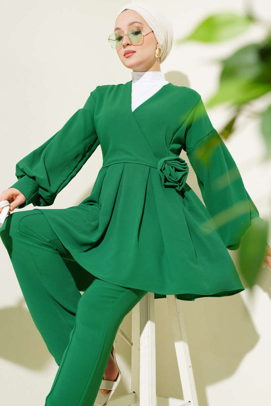 Gül Aksesuarlı Pileli Tunik İkili Takım Yeşil