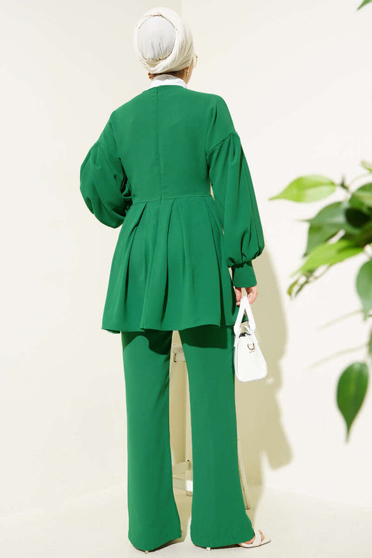 Gül Aksesuarlı Pileli Tunik İkili Takım Yeşil