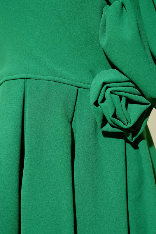 Gül Aksesuarlı Pileli Tunik İkili Takım Yeşil