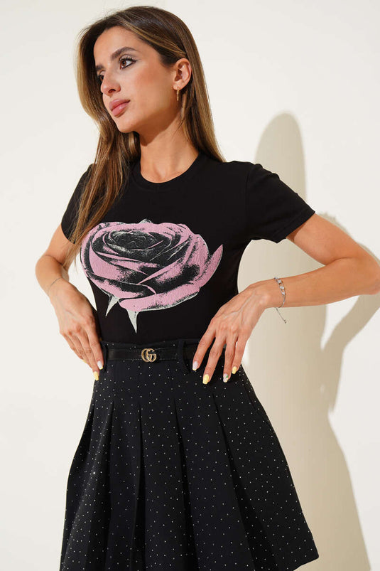 Blusa con stampa a rose nera