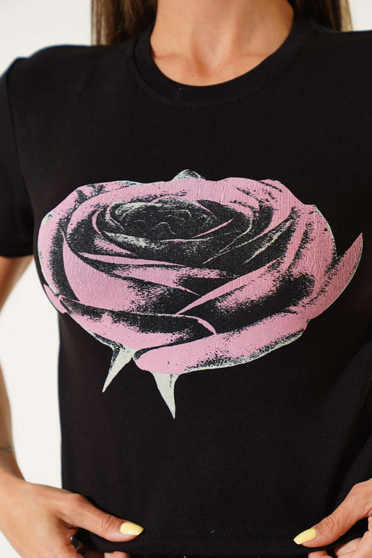 Blusa con stampa a rose nera