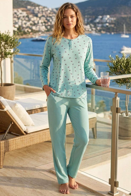 Pyjama À Boutons Rayé Avec Motif Floral Rose En Vert Menthe