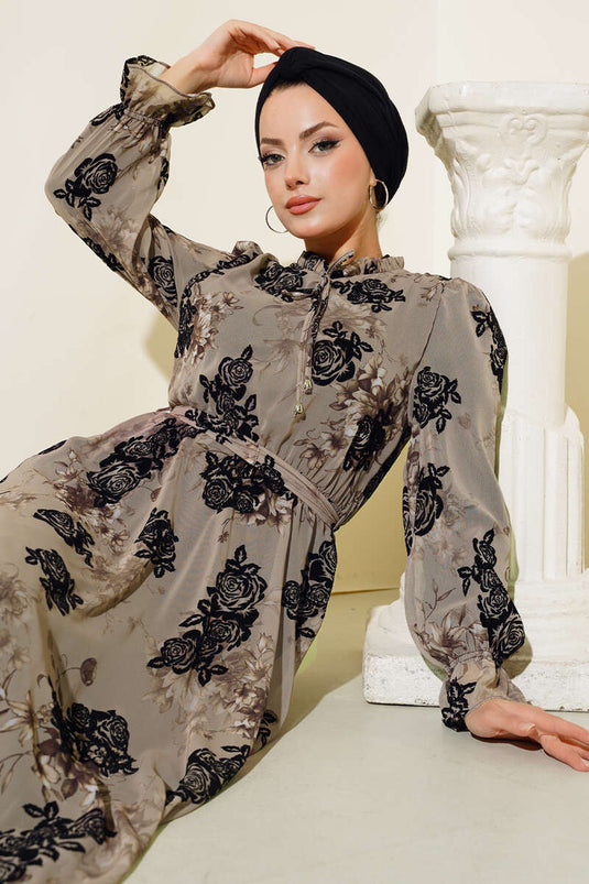 Rose Printed Filok Dress Beige