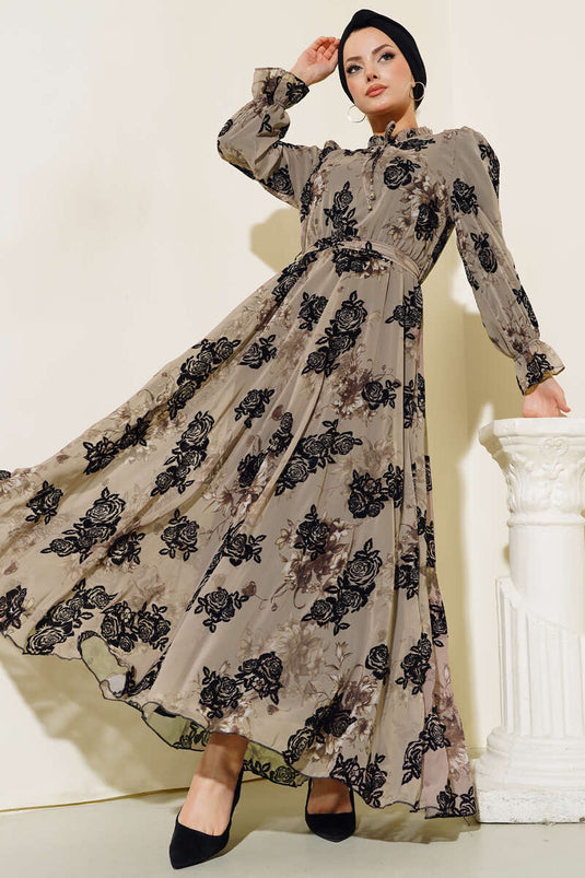 Rose Printed Filok Dress Beige