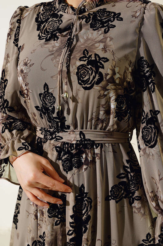 Rose Printed Filok Dress Beige