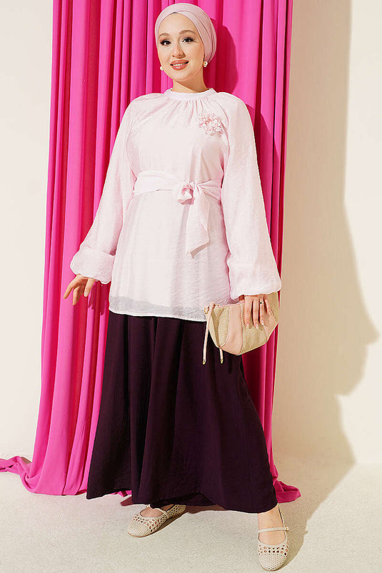 Gül Broşlu Belden Bağcıklı Tunik Pembe