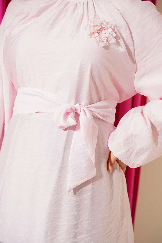 Gül Broşlu Belden Bağcıklı Tunik Pembe