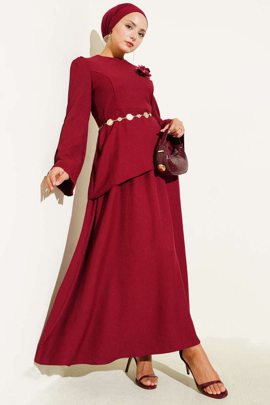 Rose Brooch Skirted Two Piece Suit Burgundy
