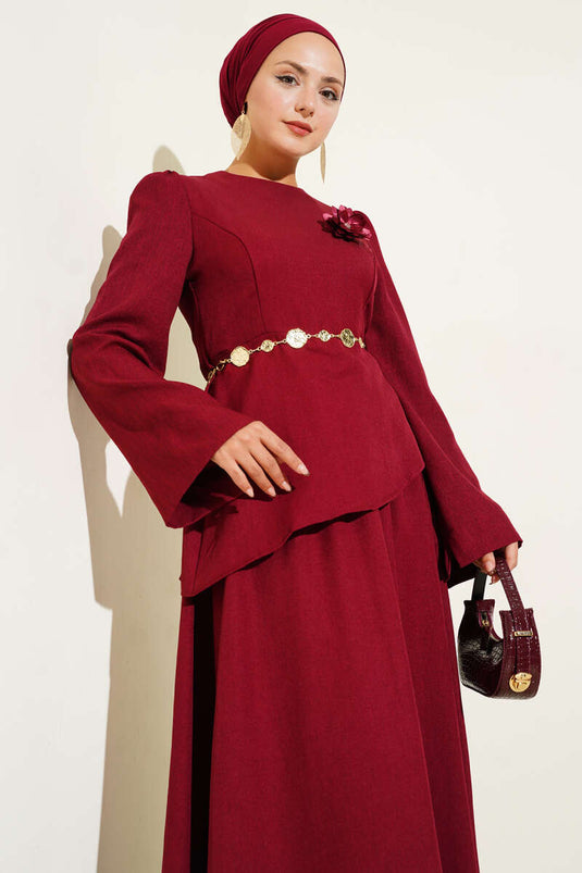 Rose Brooch Skirted Two Piece Suit Burgundy