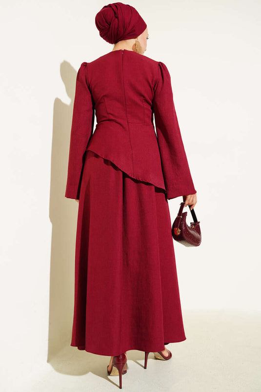 Rose Brooch Skirted Two Piece Suit Burgundy