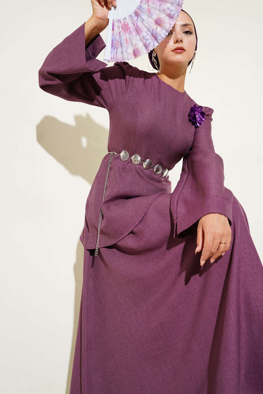 Gül Broşlu Etekli İkili Takım Gül Kurusu