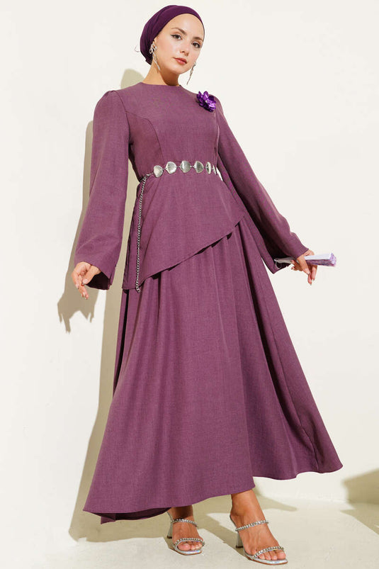 Gül Broşlu Etekli İkili Takım Gül Kurusu