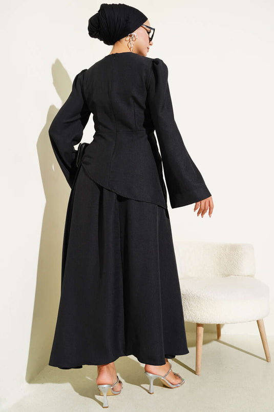 Gül Broşlu Etekli İkili Takım Siyah