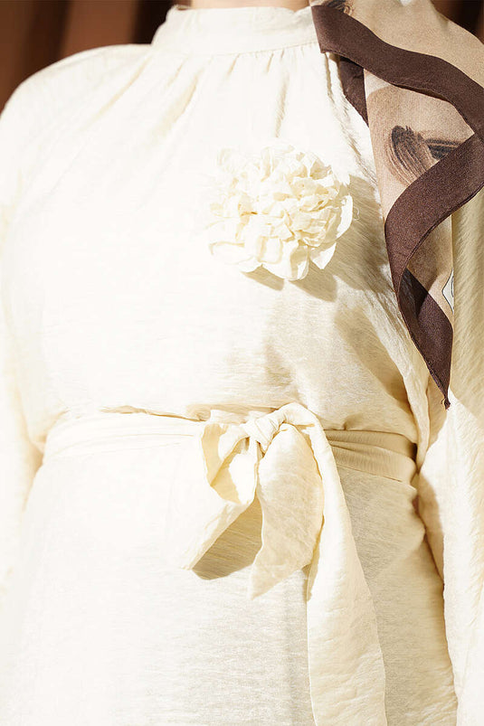 Pink Brooch Belted Tunic In Cream