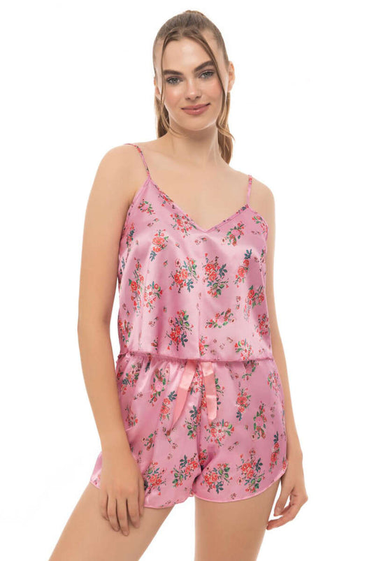 Ensemble pyjama en satin à motifs roses avec bretelles, rose