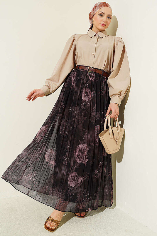 Rose Pattern Belted Tulle Skirt Dark Brown