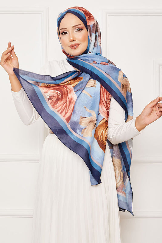 Rose Pattern Hijab Shawl Navy Blue