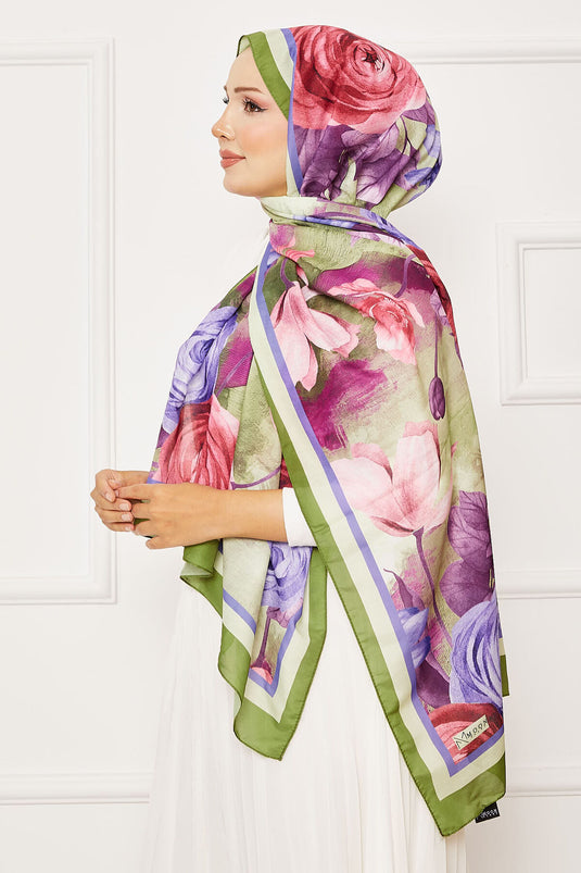 Châle Hijab à motif de roses vert